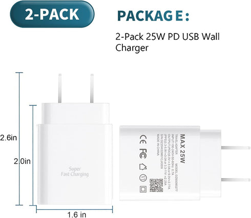 2Pack 25W USB C Fast Charging Wall Charger for Samsung Galaxy A53/Z Flip 4/Z Fold 4/S22/S22+/S22 Ultra/S21/S21+/Note 20 Ultra/Z Flip3, iPhone 13/1...