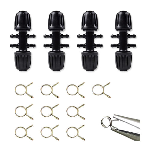 4 Packs 1/2 to 1/4 Drip Irrigation Fittings Kit and 10 Packs Irrigation Clamps Set Leak Proof Barbed Fitting for Systems Easy to Install Compatibl...