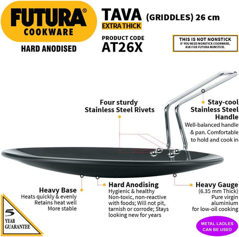 Hawkins Futura 26 cm Tava, Hard Anodised Tawa with Stainless Steel Handle, Extra Thick Tawa, Black (AT26X)...