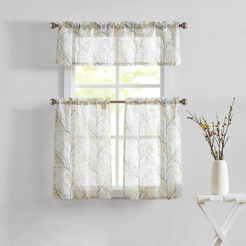 FMFUNCTEX Window Valance Curtains Yellow Grey Tree Branch Print on Semi Sheer White Short Valance for Kitchen Bathroom Rod Pocket Window Treatment...