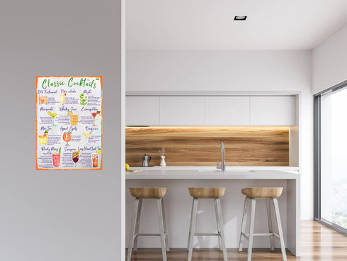 Classic Cocktails Recipes Magnetic Chart A4 Format - Kitchen Pub Wall and Fridge Decor Stylish Colourful Informative Magnet Milliliters and Ounces...
