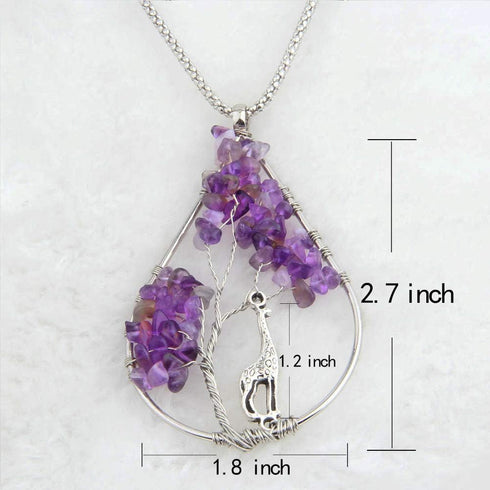Zuo Bao Handmade Wire Wrapped Quartz Chips Tree Teardrop Pendant Necklace with Giraffe/Healing Jewelry Gift for Family (Amethyst with Giraffe)...