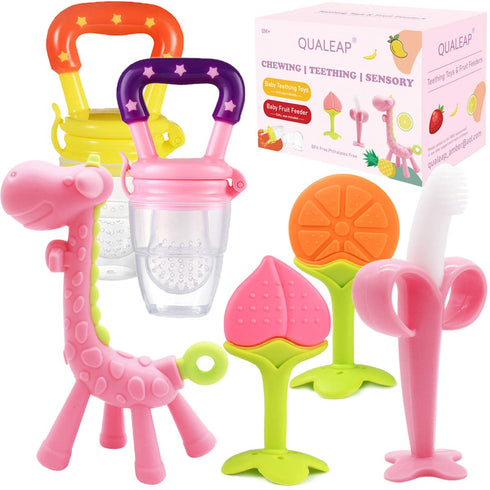 Stand-Up Teething Toys for Babies 0-6 Months 6-12 Months - Teethers with 2 × Baby Fruit Feeders and 4 × Baby Teether - BPA Free/Freezer Free - Dif...