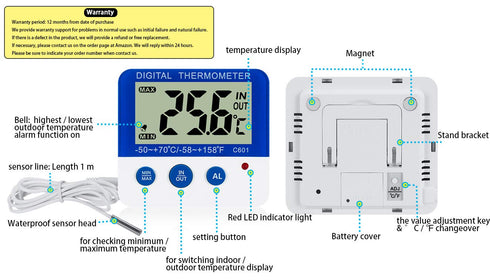 Fridge Freezer Thermometer Max/Min Memory LXSZRPH High & Low Temperature Alarms Settings with LED Indicator Digital Refrigeration Thermometer with...