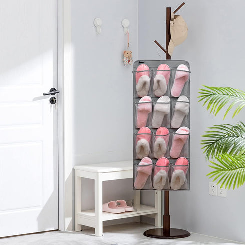 Dual Sided Hanging Shoe Organizer for Closet with Rotating Hanger Hanging Shoe Rack Holder with 24 Large Pockets (Grey-Mesh Pockets)...