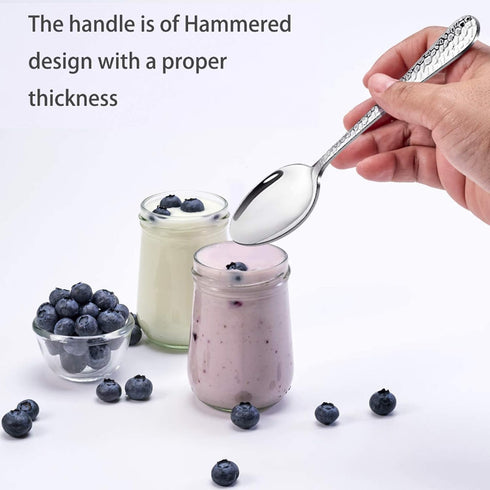 Hammered Teaspoons Set of 6, E-far Stainless Steel Modern Silverware Flatware Dessert Spoons for Home, Kitchen, Restaurant, Round Edge & Mirror Po...