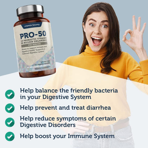 Vitamin Bounty Pro-50 Probiotic - 50 Billion Organisms and 13 Probiotic Strains That Promote Gut Health, Digestive Health Probiotic, Delayed Relea...