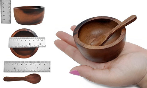 Set of 4 Small Round Acacia Wooden Bowls 2¾ Inch Diameter 1½" High With Spoons - Stackable Mixing Bowl Salad Soup Snack Dip Sauce Charcuterie Wood...