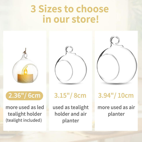 NUPTIO Hanging Glass Globe with Candles: Set of 12 Tealight Candle Holders with LED Tea Lights - 2.36 inch Bulk Clear Votive Candleholders for Par...