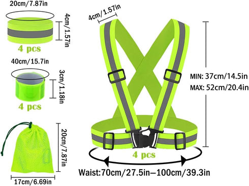 4PCS Adjustable Reflective Safety Harness+4PCS Elastic Reflective Wristbands+4PCS Reflective Slap Arm-Bands and a Mesh Bag,Running Reflective Vest...