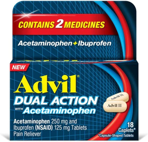 Advil Dual Action Coated Caplets with Acetaminophen, 250 Mg Ibuprofen and 500 Mg Acetaminophen Per Dose (2 Dose Equivalent) for 8 Hour Pain Relief...