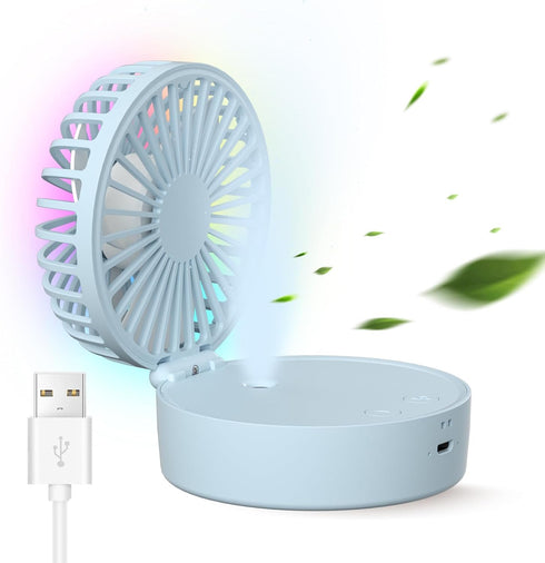 Mini Desk Fan, 3-IN-1 Portable Misting Fan, Necklace Hand Fan with Colorful LED, Small Handheld Fan Foldable, Quiet, Lanyard, Personal Fan for Wom...