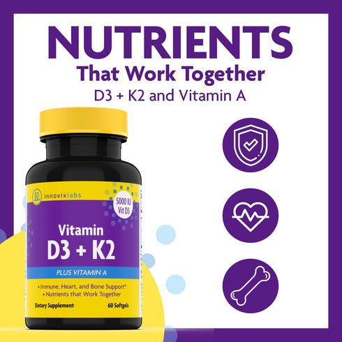 InnovixLabs Vitamin D3 K2-5000 IU Vitamin D3 plus 600 mcg Vitamin K2 MK4 and MK7 for Max Calcium Absorption, Supports Bone, Immune, Heart Health, ...