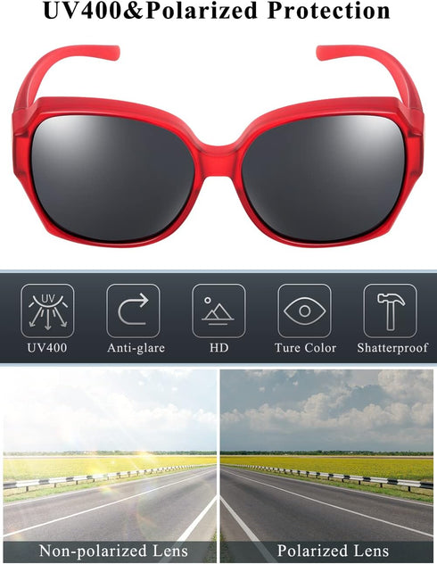 Polarized Sunglasses Fit Over Glasses Over Glasses Trendy Round Cat Eye and HD Wrap-around Sunglasses (matte red, Black)...