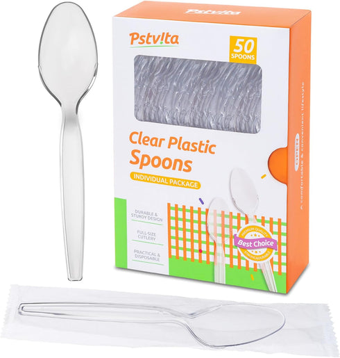 Disposable Plastic Spoons Clear, Pack of 50 Individually Wrapped...