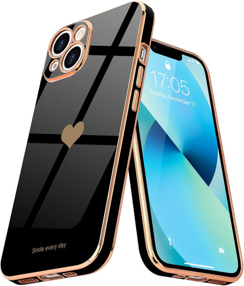 Teageo Compatible with iPhone 13 Case for Women Girl Cute Love-Heart Luxury Bling Plating Soft Back Cover Raised Full Camera Protection Bumper Sil...