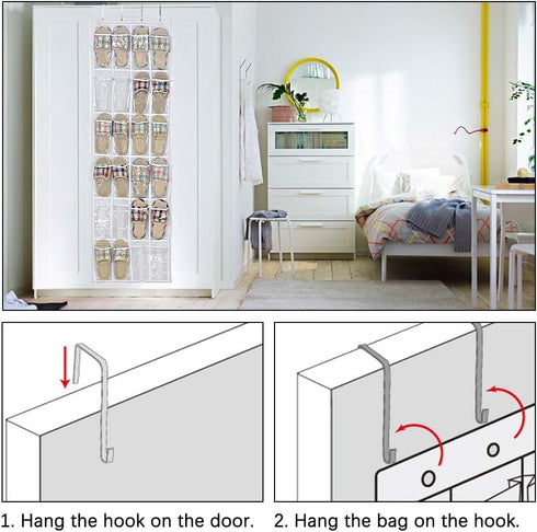 24 Pockets Over the Door Shoe Organizer, Folding Hanging Organiser Shoe Racks with Hooks, Heavy-Duty Hanging Mesh Shoe Holder for Badroom, Bathroo...