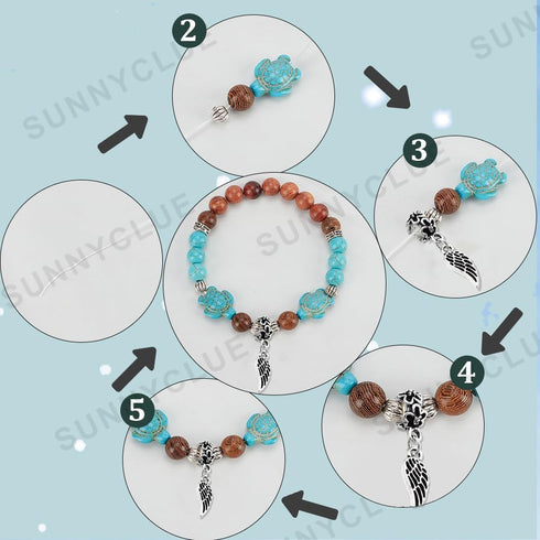 SUNNYCLUE 1 Box 6 Sets Ocean Bracelet Making Kit Sea Turtle Beads Turtle Charm Starfish Charms Wood Beads Summer Ocean Beads Sea Animal Beads Blue...