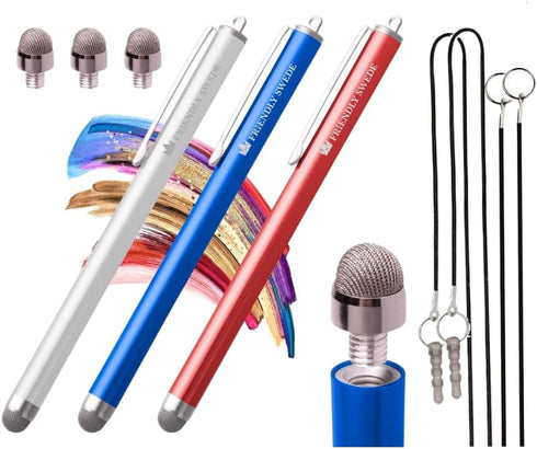 The Friendly Swede Set of 3 Fiber Tip Stylus Pens for Touch Screens, Stylus Pen for iPad, iPad Pen, iPad Stylus - Retail Packaging - Incl. 6 Lanya...