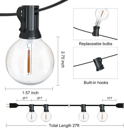 Outdoor String Lights 27FT G40 LED Globe Patio Lights with 13+1 Waterproof Edison Bulbs, Shatterproof Connectable Hanging Lights for Outside Backy...