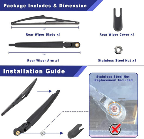 Rear Windshield Wiper Arm Blade Assembly Kit Compatible with 2014-2020 Nissan Rogue, 2017-2020 Nissan Rogue Sport, 2013-2020 Nissan Pathfinder Rea...