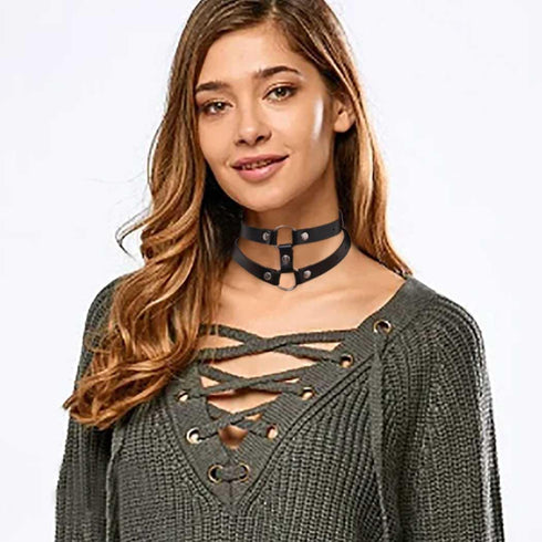 Black Leather Choker Punk Short Collar Gothic 2-tier Circle Rivet Necklace Soft PU Leather Short Neck Accessories for Women...