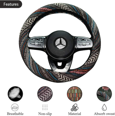 Universal 15inch Ethnic Style Baja Blanket Steering Wheel Cover with Coarse Flax Cloth and Sweat Absorption Anti Slip Car Wrap (Boho Dark)...