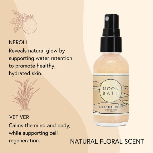 Moon Bath Celestial Body | Shimmering Hair & Body Mist w/Vetiver and Neroli Essential Waters, Sparkly Gold Mica. Organic Beauty. No Synthetic Frag...
