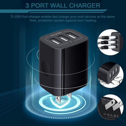 AILKIN 3 USB Wall Charger, Triple Charger Adapter, Fast Charging Block Home Charger Station Block Cube Plug for iPhone, Samsung Galaxy, LG, Motoro...
