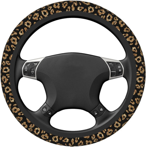 Leopard Cheetah Print Animal Gold Black Steering Wheel Cover for Women Men Girls Car Accessories Decor Anti-Slip Neoprene Auto Steering Wheel Cove...