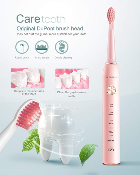 Electric Toothbrush for Adults, 5 Modes, 38,000 VPM Rechargeable, Dupont Brush Heads, Travel-Friendly, 1 Handle, Pink...