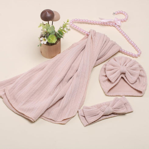 Baby Swaddle Blanket Newborn Swaddle Wrap Receiving Blankets Newborn Photography Wrap Props with Hat and Bow Headband Baby Stretch Knitted Wrap fo...