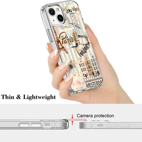 Aesthetic Cute Collage Pattern for Women Girls Protective case for iPhone 15 Plus, Trendy Designed Landmarks Collage Pattern TPU Bumper Shockproof...