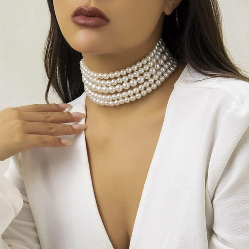 5 Layers Strand Round Imitation Pearl Choker Necklace Vintage Multi Strands Necklace Collar Choker Pearl Statement Bridal Choker Necklace for Wedd...