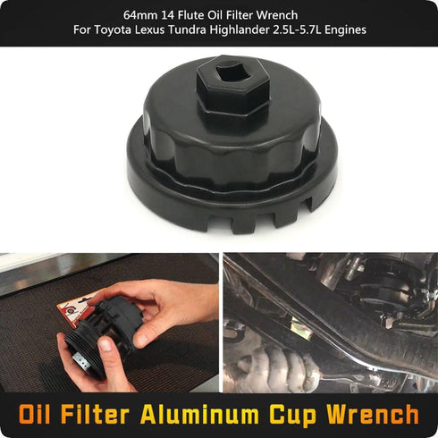 Aluminum Cup Wrench for Removing Toyota Oil Filter Caps, 64mm Flute, Fits 2.5L to 5.7L Engines, Black...