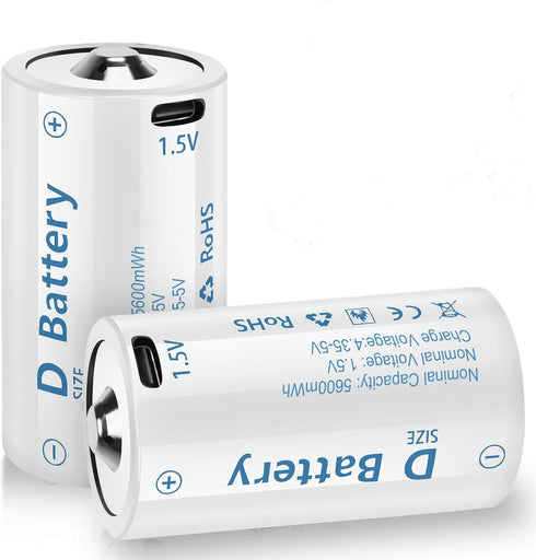 Rechargeable Lithium D Batteries with 4 in 1 USB-C Charging Cable,1.5V D Size Cell Battery 5600mWh for Flashlight (2 Pack)...