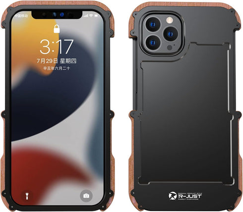 Kowauri Case for iPhone 13 Pro Max,Drop Protection Aluminum Metal Wood Bumper Frame Cover Shockproof Dropproof Protective Case for iPhone 13 Pro M...