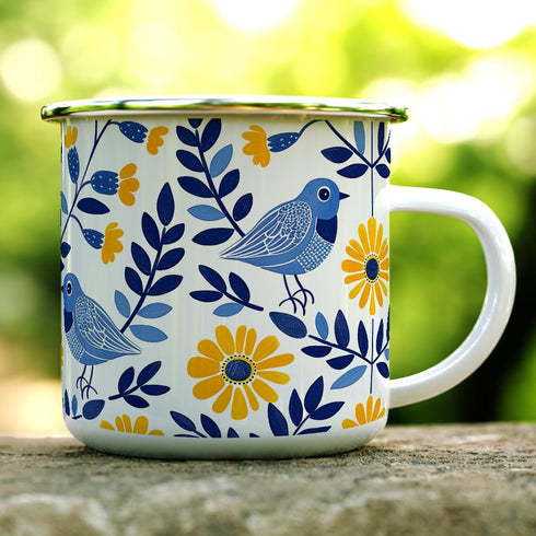 Floral Bird Enamel Camping Coffee Mug, Nature Flowers Botanical Gift Cup for Friend Coworker Women Mom (12oz)...