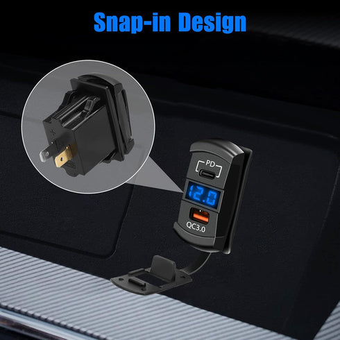 USB Rocker Switch Outlet, Linkstyle QC 3.0 USB-A Port, USB C Port and Voltage Meter with Blue LED Digital Display, Waterproof 12V 24V Rocker Switc...