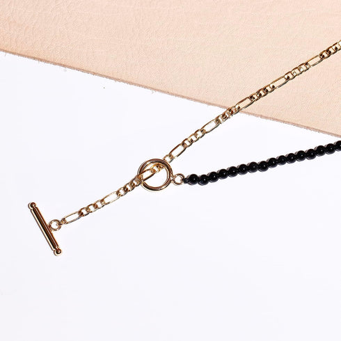 Natural Stone Beaded Black Agate Dainty Gold Chain Necklaces for Women T bar Clasps 14K Gold Plated Y-Shaped Necklace...
