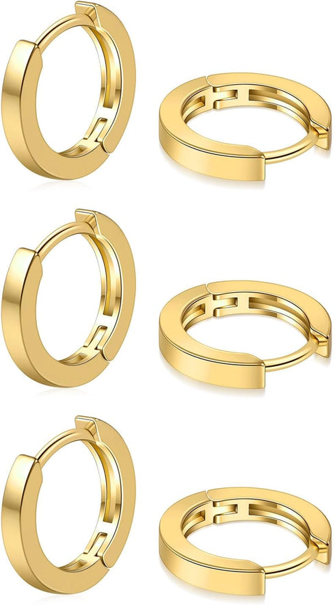 micuco 3 Pairs Small Hoop Earrings Set for Women, 14K Gold Plated Huggie Hoop Earrings for Men, Tiny Cartilage Hypoallergenic Earring Set...
