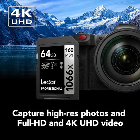 Lexar 64GB Professional 1066x SDXC Memory Card, UHS-I, C10, U3, V30, Full-HD & 4K Video, Up To 160MB/s Read, for DSLR and Mirrorless Cameras (LSD1...