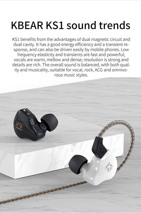 Kinboofi KBEAR KS1 Earphone, HiFi in Ear Monitor, Noise Canceling Earbuds Headphone Dynamic Headset with Detachable 2 Pin Cable (White No Mic)......