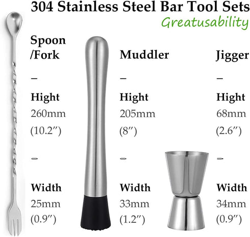 Muddler for Cocktails, 10'' Cocktail Muddler for Cocktails with Cocktail Spoon Long Handle and Jigger 0.5/1 OZ, Bar Accessories Tools for Mojitos ...