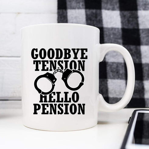 YouNique Designs Goodbye Tension Hello Pension - 11 Oz Portable Coffee Mug, Police Officer Retirement Gift for Men Women, Correctional Officer Cup...