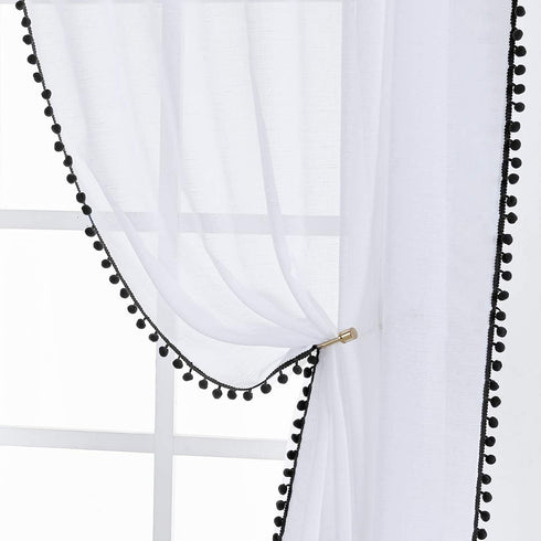 Treatmentex White Sheer Curtains Black Pompoms 63" inches Long Window Draperies for Boy's Room Bed Canopy 2 Panels Rod Pocket...