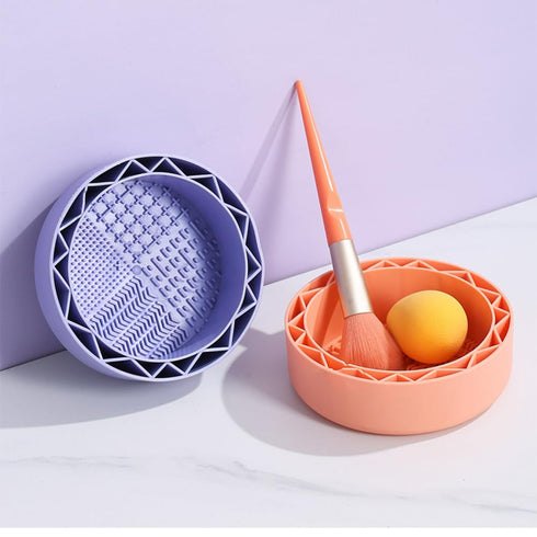3 in-1 Makeup Brush Cleaner, Sillicon Brushes Cleaning Mat Brush Holder Bowl Prtable Cleaning Tool(Orange)...