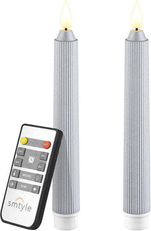 smtyle Silver Flameless Taper Candles Set of 2 Flickering LED Candlesticks Battery Operated with Timer Waterproof for Outdoor Christmas Decor (1x8...