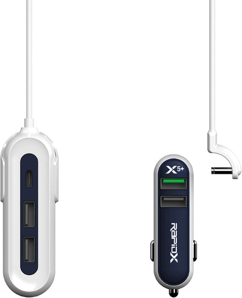 RapidX X5 Plus Car Charger 5 USB Ports QC 3.0/Type C Navy...