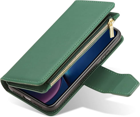 EYZUTAK Case for iPhone XR, Glossy PU Leather 9 Card Slots Magnetic Closure Detachable Wrist Strap Zipper Wallet Shockproof Removable Back Cover C...
